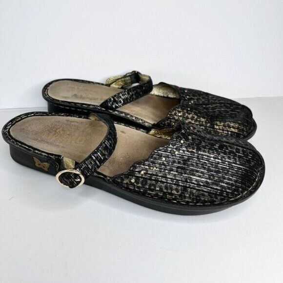 Alegria Tuscany Leopard Print Mules Size 41 = 10.5 / 11 Women's Black Gold - Picture 1 of 7